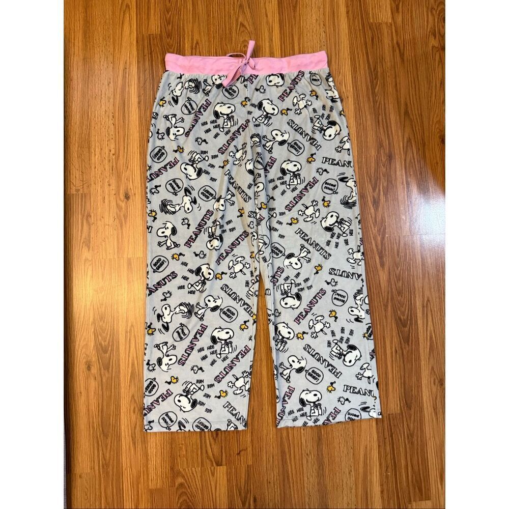 Peanuts Women's Snoopy And Woodstock Fleece Lounge Pajama Pants Gray Pink Sz XL
